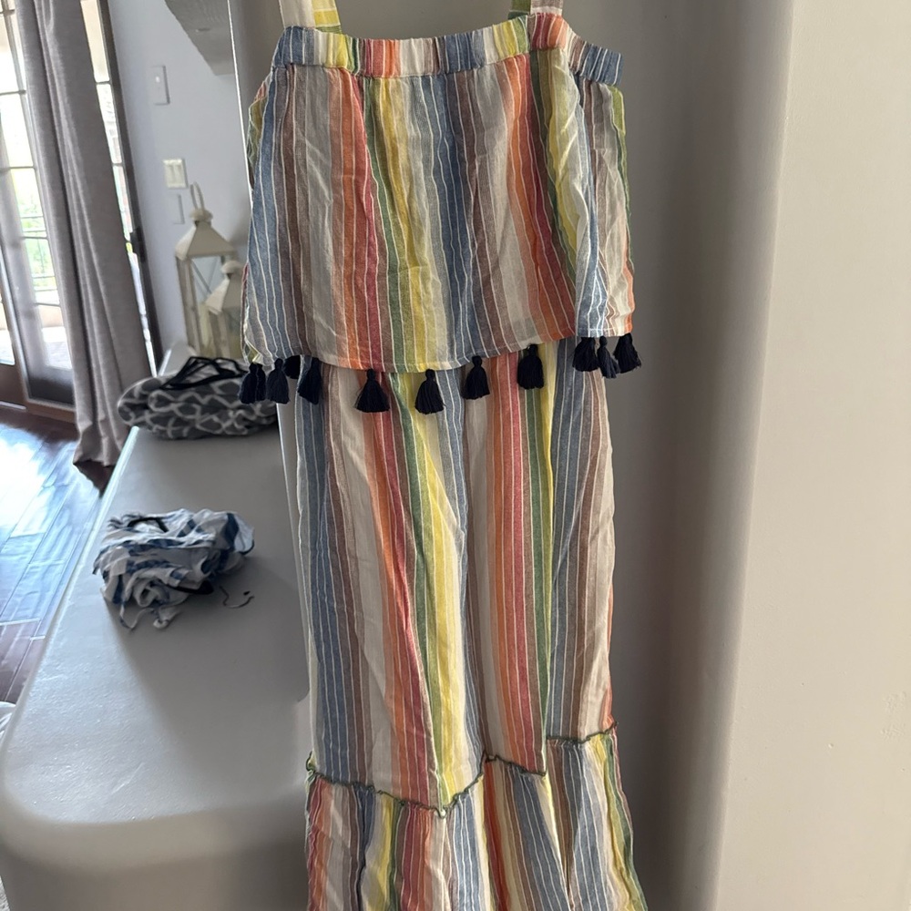 THML Multi-Stripe Tassel Maxi dress in Navy, Yellow & Coral